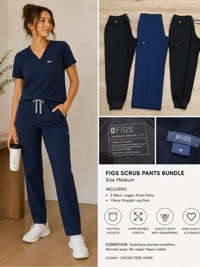 FIGS Scrub Pants Bundle M 2Black Jogger + Navy Straight Leg Set
